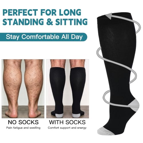 Double Couple 3/4 Pairs Wide Calf Compression Socks Men Women 20-30 mmHg XX-Large Black