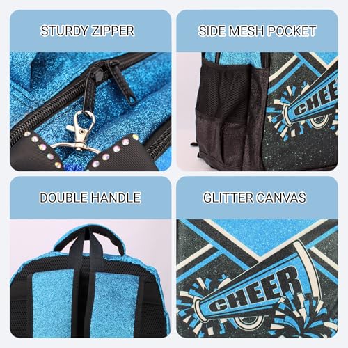 Glitter Cheerleading Backpack with Detachable Ribbon Keychain - Blue