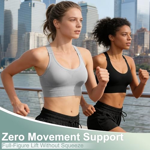 Adjustable Sports Bras for Women High Support Padded Racerback Medium Black/White/Silver Grey
