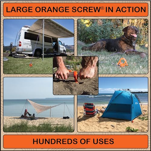 Heavy Duty Ground Anchors - Large Orange Screw-In Tent Stakes for High Wind & Sand, 2 Pack