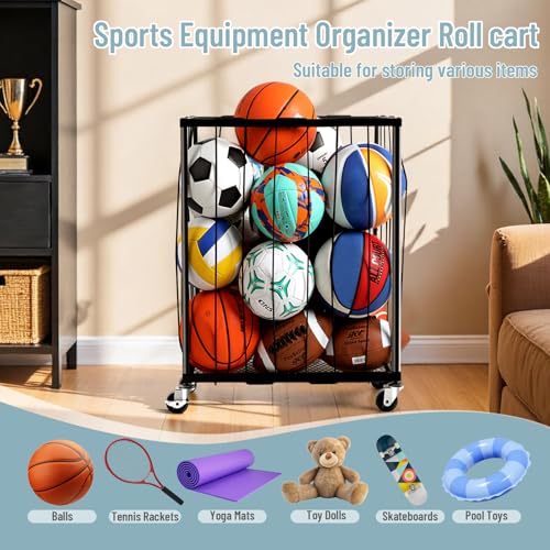 Ball Storage Rack with Rolling Wheels, Holds 12-15 Balls