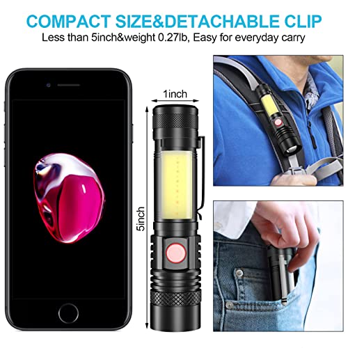 Rechargeable Flashlight, Super Bright LED Flashlight with COB sidelight, Zoomable, Waterproof, 4 Modes, Tactical Flashlight for Camping, Emergency