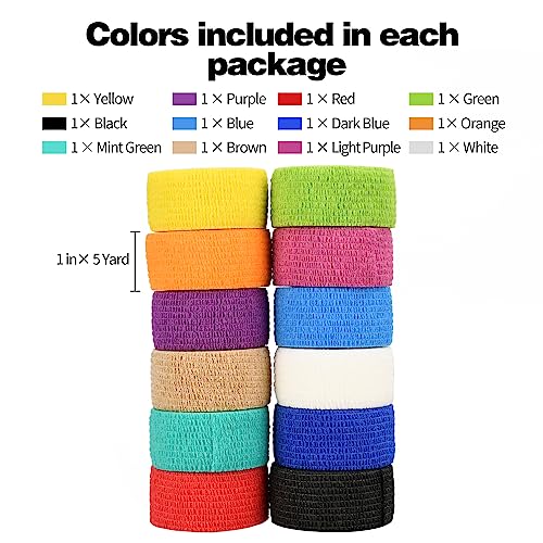 Self-Adhesive Bandage Wraps - 12 Pack Multicolor, 1 Inch x 5 Yards