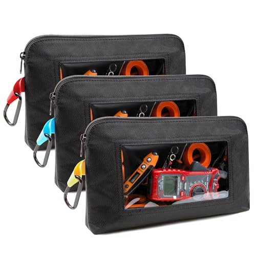 Tool Pouch with Clear Window, 1680D Oxford Small Tool Bag, Heavy Duty Tool Pouches with Zipper, Clear Utility Bag Zipper Pencil Pouches for Organizing and Storage, Pencil Case, 3 Pack