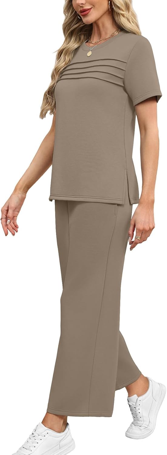 WIHOLL Women's Two-Piece Lounge Set - Short Sleeve Top & Wide Leg Pants | S-3XL, Perfect for Summer Travel