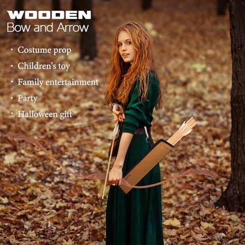 Basbon Brown Wooden Bow and Arrow Set for Kids - 40 Inch Handmade Archery Toy with 5 Feather Arrows, Cosplay & Gifts
