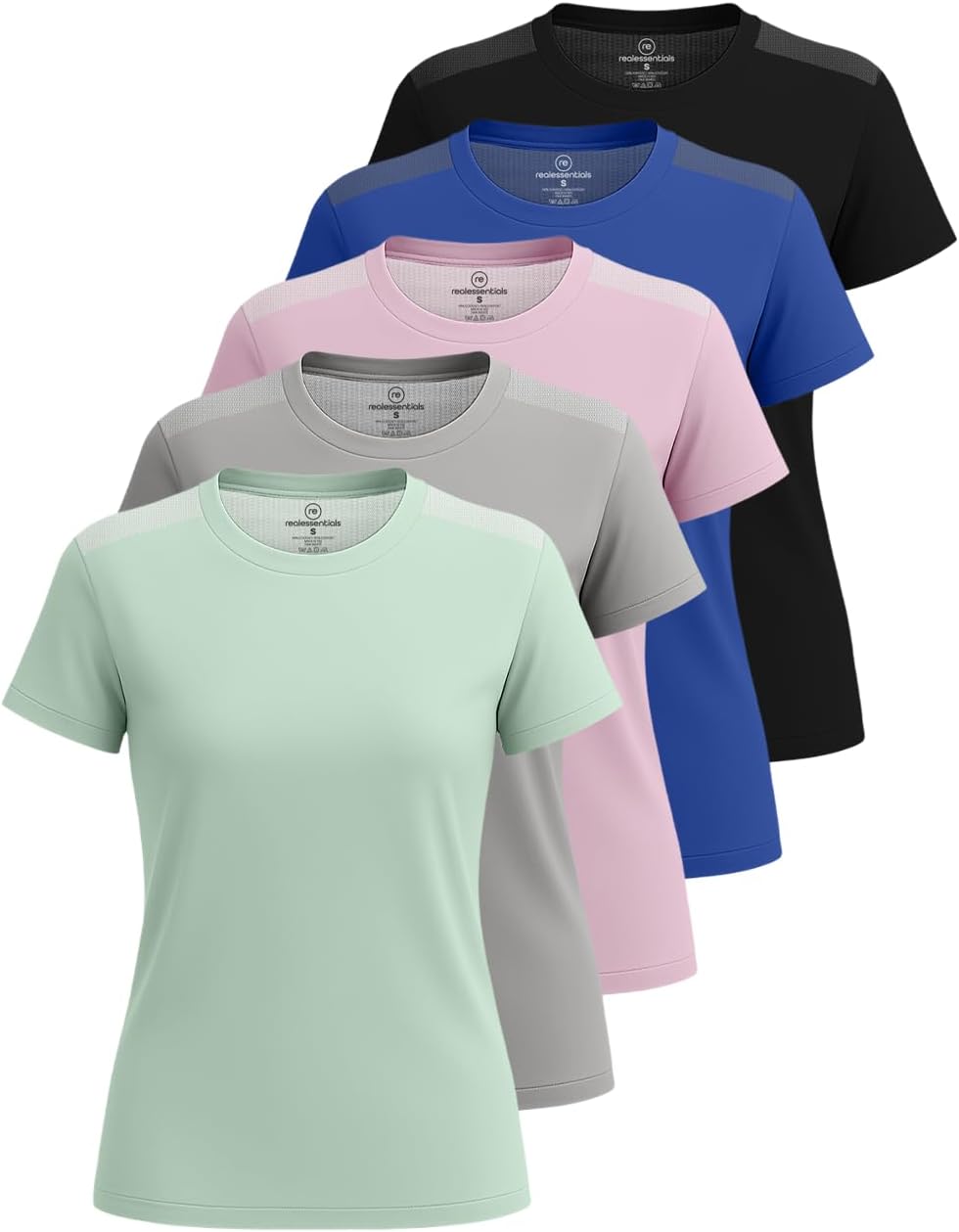 Real Essentials Women's Athletic T-Shirts - 5 Pack Short Sleeve Mesh Insert for Gym & Yoga (Plus Size)