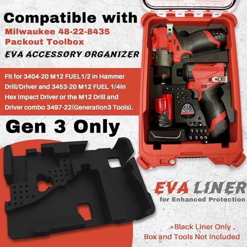 EVA Liner Organizer for Gen 3 M12 Drill Driver 3497-22(3404-20&3453-20), Compatible with Milwaukee 48-22-8435 Packout Tool Box - Precision-Cut Insert, Black