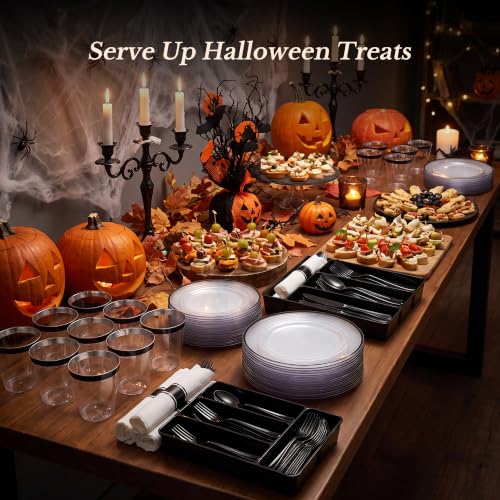 Black Disposable Plastic Plate Set for 50 Guests - 350 Pieces