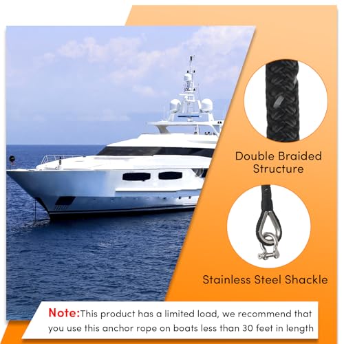 ORLANG 1/2 Inch x 100 Ft Double Braided Marine Anchor Rope with Reflective Strip, Stainless Steel Thimble & Shackle for Boating & Mooring, Black