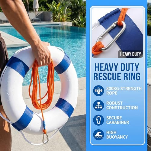 20-Inch Pool Safety Throw Ring Buoy with Rope, Blue w/ 98.4ft Rope