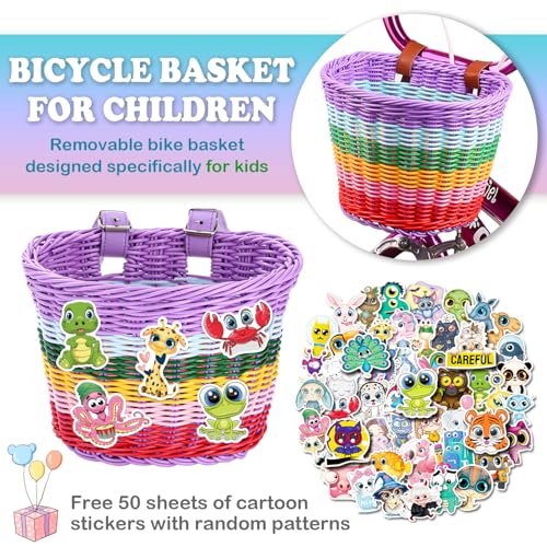 Rainbow Hand-Woven Oval Kids Bike Basket with Leather Straps