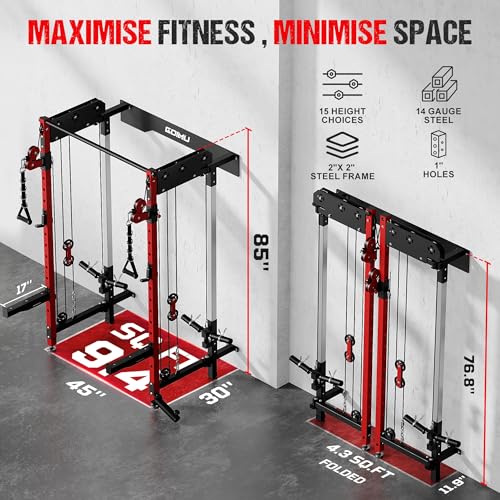 Folding Squat Rack - Wall Mounted Power Rack with Dual Pulley System - WM3 Folding Cage Red