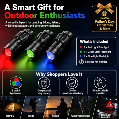 MVIOCS 3-Pack Mini LED Flashlights with Red, Green, Blue Lights, Zoomable, Portable Torch for Camping & Outdoor Use