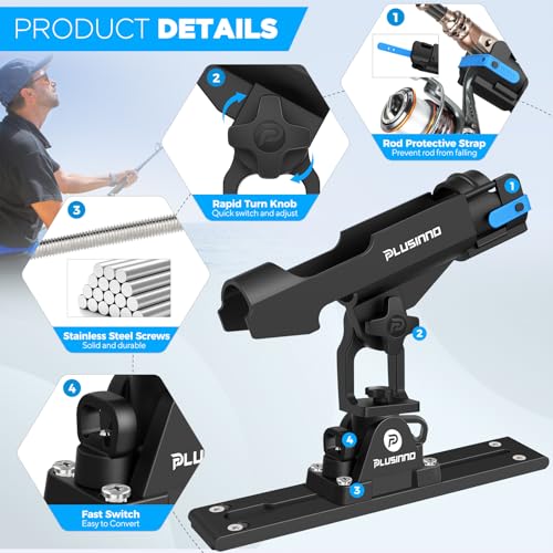 PLUSINNO 2-in-1 Kayak & Boat Fishing Rod Holder with Track - 2 Pack