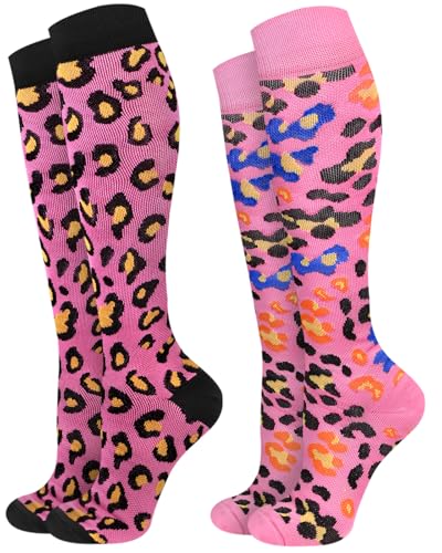 Compression Socks for Women 15-20 mmHg - Pink Leopard Print, Large-X-Large