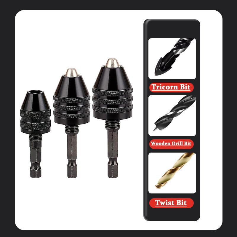 Resze Keyless Drill Chuck Adapter - 3Pcs Drill Chucks for Impact Driver, 1/4' Hex Shank Chuck Conversion Adapters