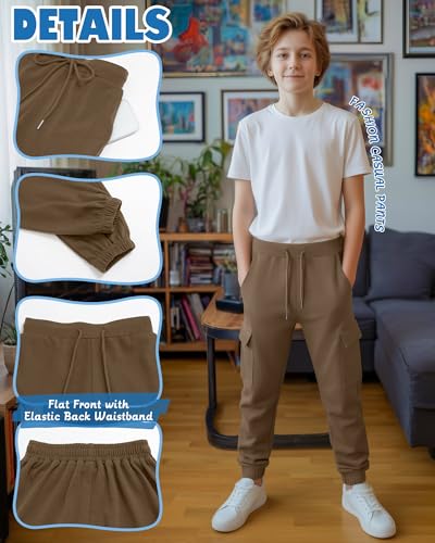 4 Pack Boys Cargo Jogger Pants Youth Sweatpants - YooAurvox, Light Gray/Khaki/Dark Gray/Black, X-Large