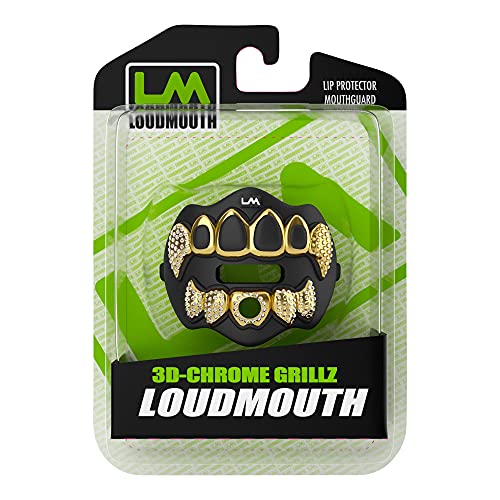 Loud Mouth 3D Chrome Grillz Football Mouth Guard for Youth & Adults, No-Boil, Braces-Friendly, with Strap (Gold & Black)