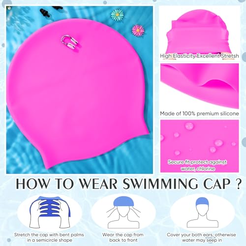 Extra Large Swim Cap for Braids with Ear Plugs & Nose Clip - Rose Red