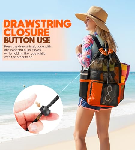 RUENVUE Orange Mesh Swim Bag Drawstring Backpack for Swimmers & Beach, Summer Essentials
