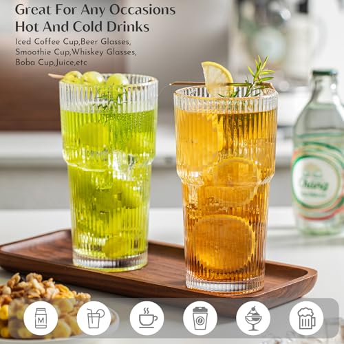 INSETLAN 20oz Ribbed Glass Tumblers Set of 4 - Iced Coffee & Drinkware