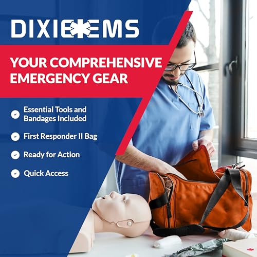 Dixie EMS Fully Stocked Trauma First Aid Kit - First Responder II Orange Bag with Tools & Gauze