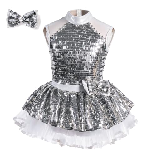 Girls Sequin Sparkly Ballet Tutu Dress - Kpop Costume for 4-6 Years, Silvery