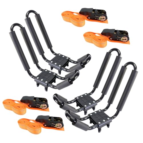 Heavy Duty J-Bar Kayak Roof Rack Carrier - 2 Pairs with Straps