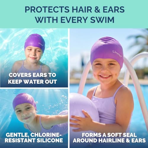 Kids Silicone Swim Cap - Non-Slip, Soft Stretch, Ear Seal - Light Blue