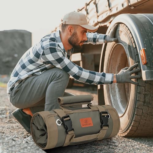Tool Bag Gifts for Husband Him, Roll Up Small Tools Box Storage, Tool Gifts for Men Dad Boyfriend Grandpa, Presents for Birthday, Heavy Duty Tool Organizer with 2 Pouch