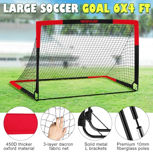 Kids Soccer Goals Set of 2 - 6x4 ft Portable Soccer Net & Accessories - Black Red