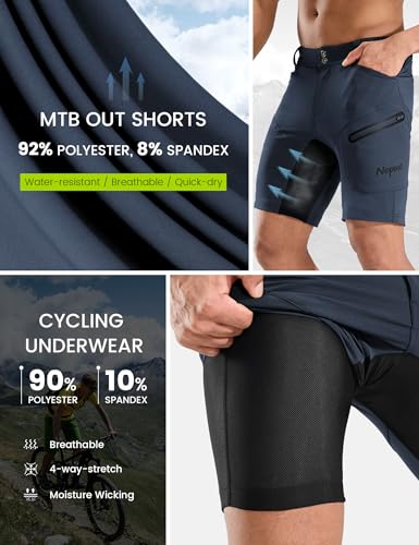 Nepest Men's Mountain Bike Shorts Large Dark Blue with Zip Pockets, 3D Padding, Quick Dry