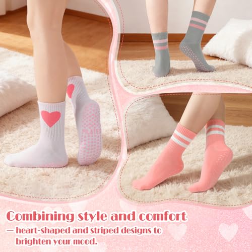 Non-Slip Pilates Grip Socks - Crew Length Cotton Stripe Bow - 6 Pairs