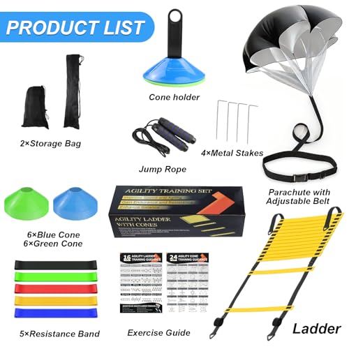 Agility Training Equipment Set - 20ft Ladder, Cones, Parachute & Bands