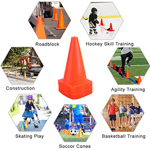 12 Pack Orange 9 Inch Plastic Traffic Cones for Sports & Training Set of 10/12/24