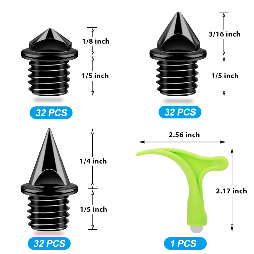 96PCS Alloy Steel Track Spikes, 32pcs 1/8in + 32pcs 3/16in + 32pcs 1/4in Track and Cross Country Spikes Golf Shoe Spike with Spike Wrench, Replacement for Sprint Sports Short Running