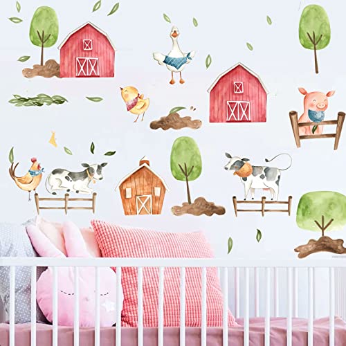Kids Watercolor Farm Wall Stickers Trees Animals Cows Wall Decals Peel and Stick Removable Farmhouse Wall Stickers for Baby Nursery Kids Bedroom Playroom Wall Decor
