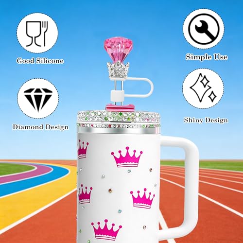 Crown Diamond Straw Topper Set - Bling Tumbler Covers for Stanley Cups - New Pink Peony