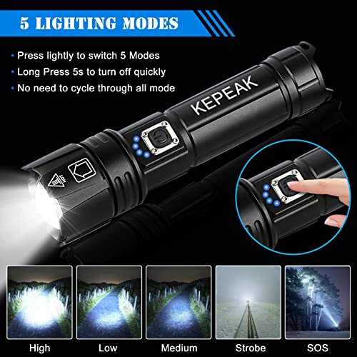 KEPEAK Flashlight, Rechargeable Flashlights High Lumens, Super Bright LED Flash Light, Powerful, Zoomable, Tactical Flashlight for Camping, Emergency