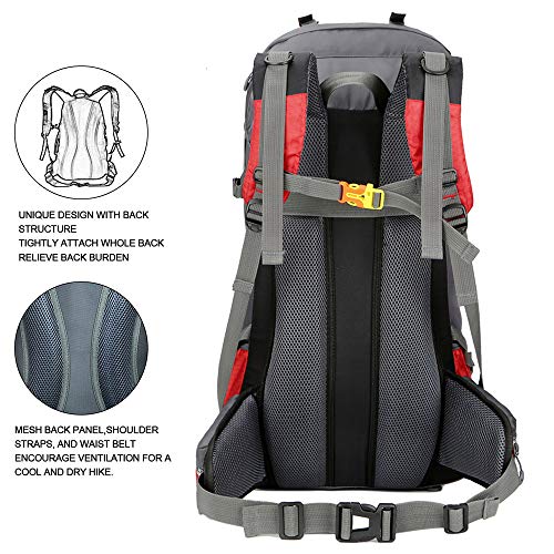 Bseash 60L Waterproof Hiking Backpack with Rain Cover - Red, Large Outdoor Daypack for Camping & Climbing