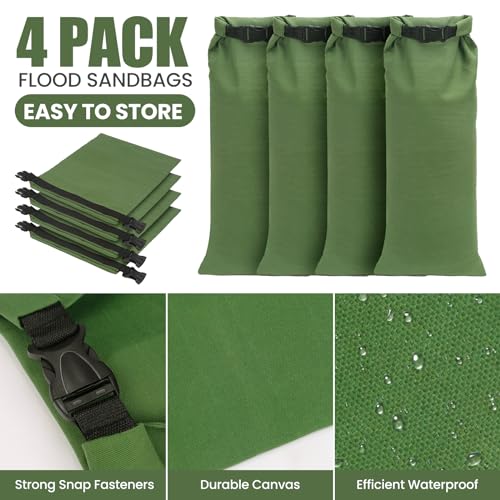 Flood Water Barrier Sand Bags - 4Pcs Thickened Long Canvas Flood Protection Sandbags with Insert Buckle Reusable Quick Flood Barrier for Home Door Window Basement Garage Floor Flood Control (4)