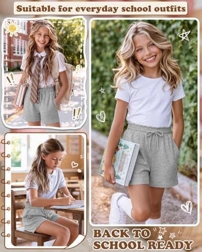 Girls' Drawstring Shorts with Pockets - 11-12 Years, Light Heather Gray
