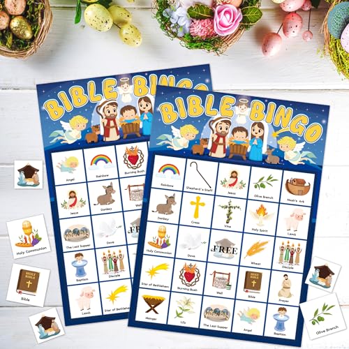 Bible Bingo Game Set for Kids - 24 Player Cards & Chips