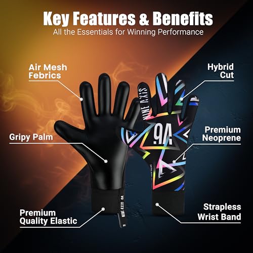 Nine Axis Kids Soccer Goalie Gloves Black, Size 5 (9-12 years) Youth