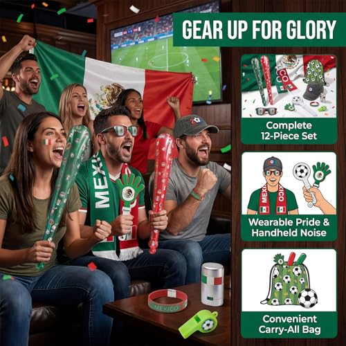2026 World Cup Fan Set - 12 Pcs Mexico Kit with Flag, Scarf, Whistle & More