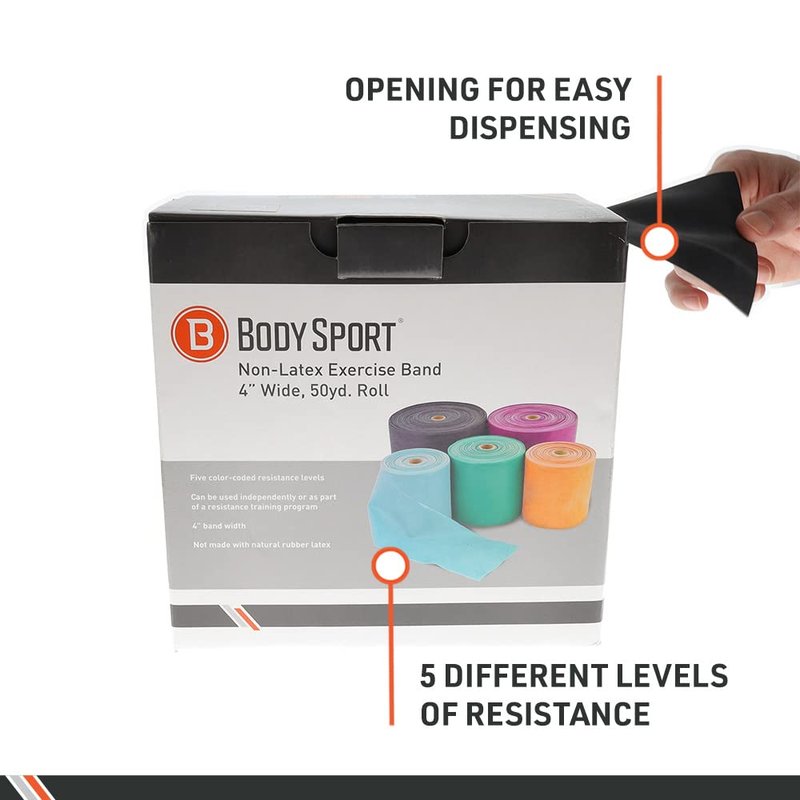 Body Sport Exercise Band, 50 yd. x 4 in. Roll, Medium Resistance - Home & Gym Fitness Equipment for Stretching, Strength Training & Physical Therapy (Orange)