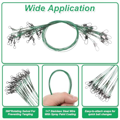 Fishing Leaders with Swivels - 50 Pcs Green Steel Wire