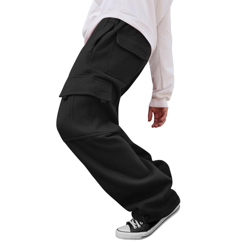 Men's Heavyweight Fleece Cargo Sweatpants Loose Fit Thick Wide Leg Sweats with Pockets(Black,XL)