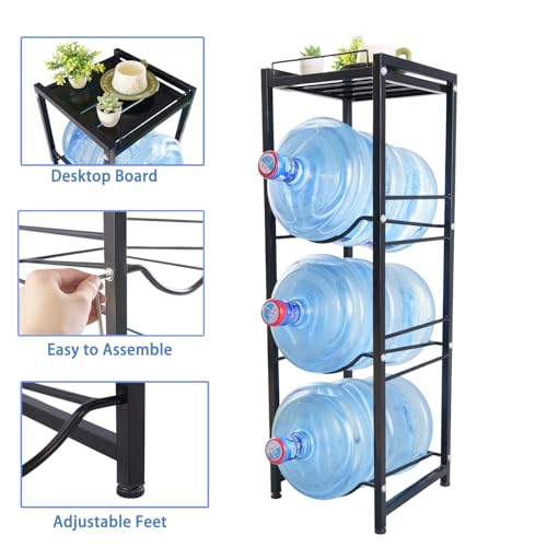5 Gallon Water Jug Holder, Water Bottle Holder with Top Shelves, 4-Tier Water Jug Rack Water Jug Stand Heavy Duty Water Bottle Storage Rack Dispenser Stand Organizer for Kitchen,Office, Black